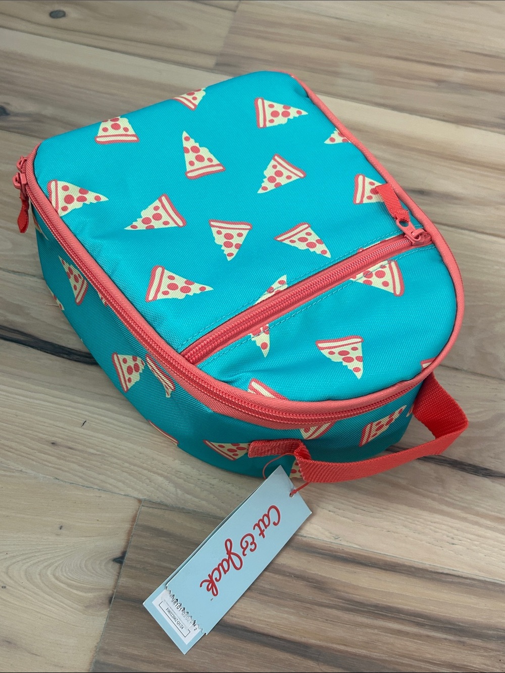 Cat & Jack Aqua Pizza-Print Kids Lunch Bag with Coral Trim